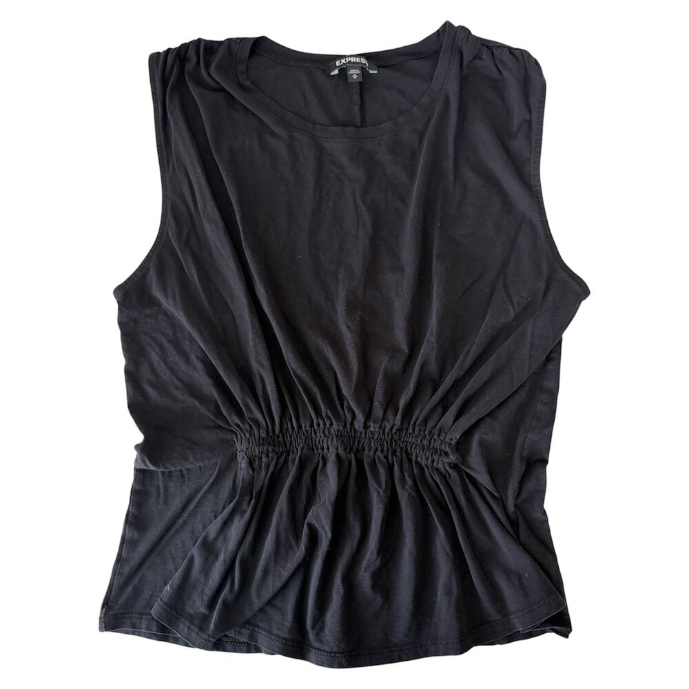 Express Women's Black 100% Cotton Sleeveless Ruched Front Tank Top Blouse Sz Med